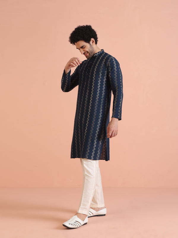 Teal Blue Jacquard Kurta Trouser Set