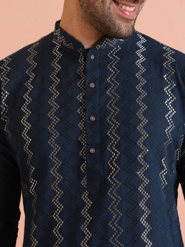 Teal Blue Jacquard Kurta Trouser Set