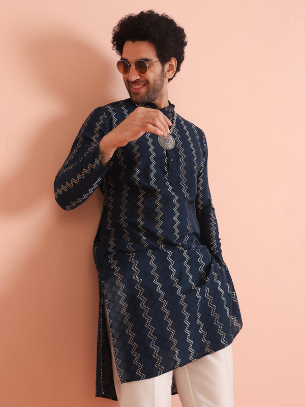 Teal Blue Jacquard Kurta Trouser Set