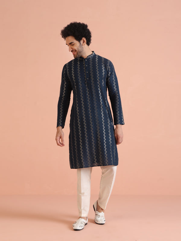 Teal Blue Jacquard Kurta Trouser Set