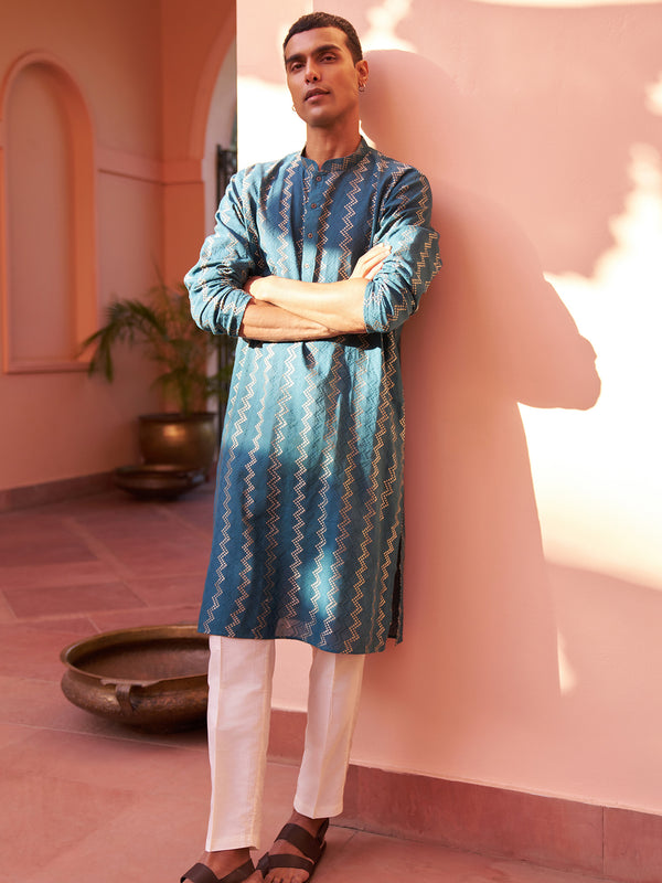 Teal Blue Jacquard Kurta Trouser Set
