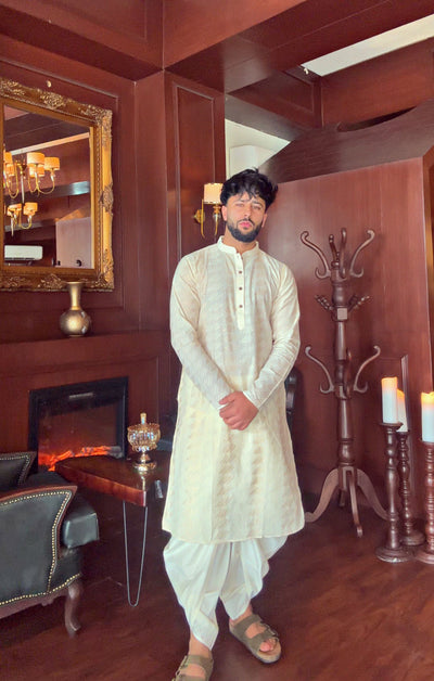 Cream Silk Blend Geometric Pattern Kurta Set