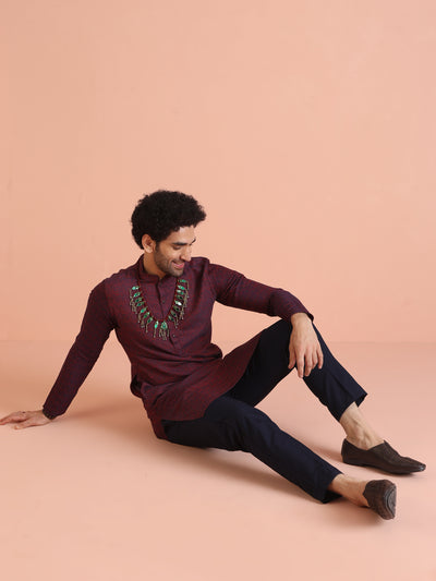 Maroon Cotton Silk Printed Kurta with Trouser