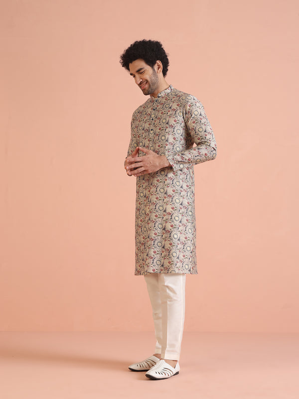 Cream Cotton Printed Kurta Trouser Set