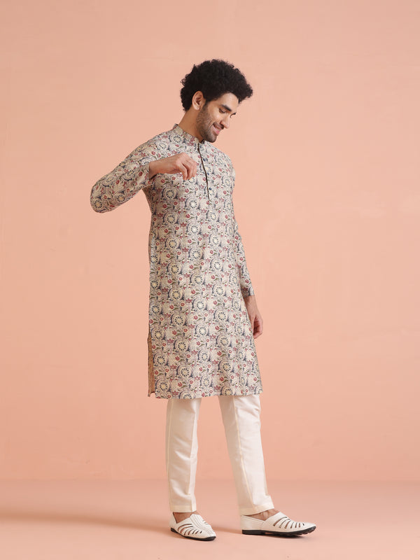 Cream Cotton Printed Kurta Trouser Set
