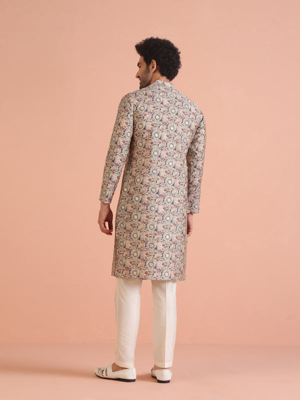 Cream Cotton Printed Kurta Trouser Set