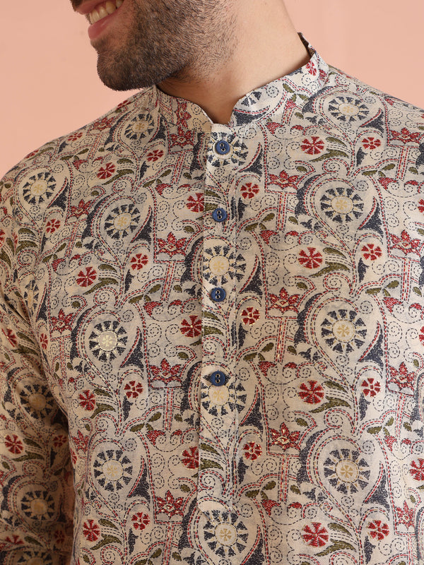 Cream Cotton Printed Kurta Trouser Set