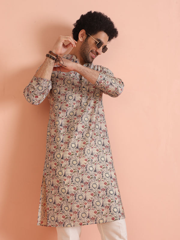 Cream Cotton Printed Kurta Trouser Set