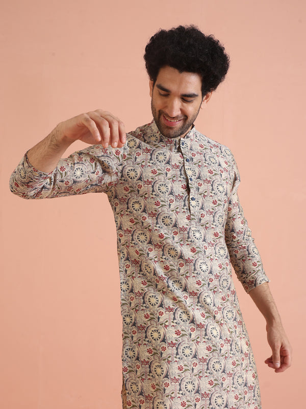 Cream Cotton Printed Kurta Trouser Set