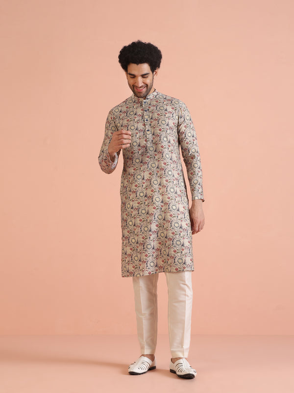 Cream Cotton Printed Kurta Trouser Set