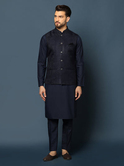 Navy Blue Silk Blend Textured Jacket Kurta Trouser