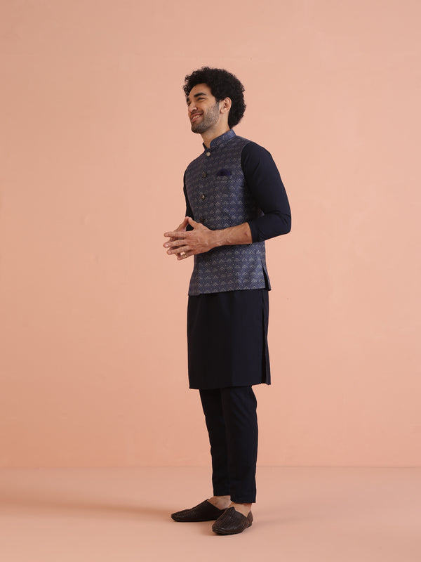 Blue Textured Nehru Jacket Kurta Trouser Set