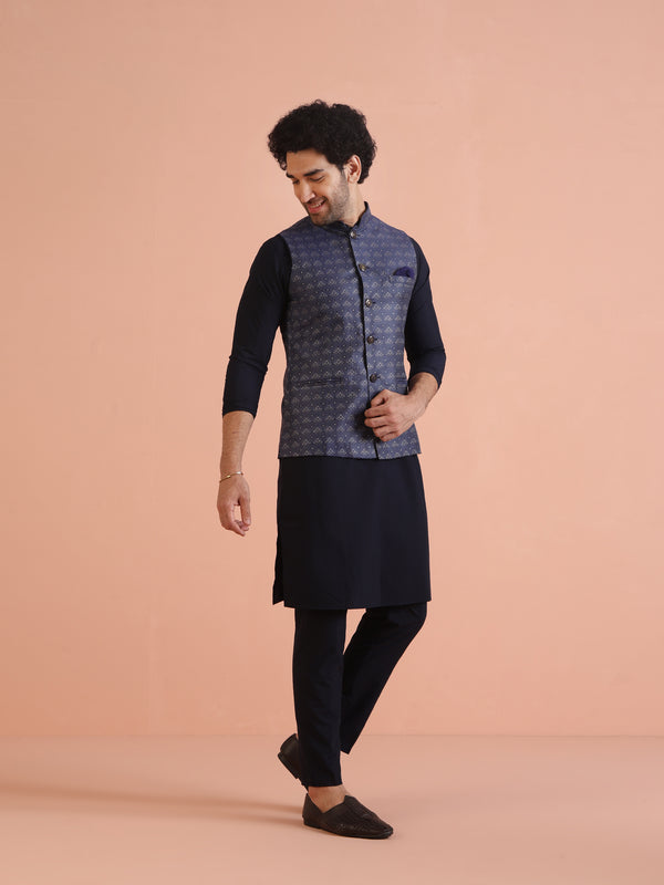 Blue Textured Nehru Jacket Kurta Trouser Set