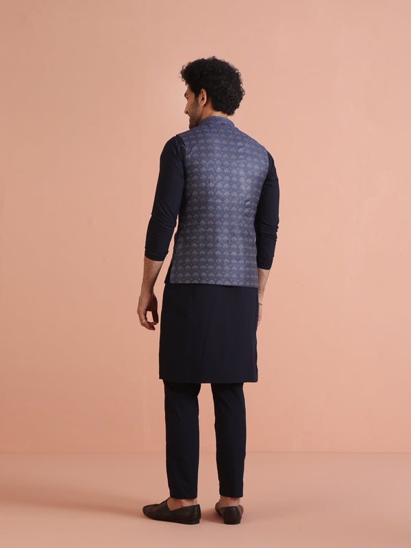 Blue Textured Nehru Jacket Kurta Trouser Set
