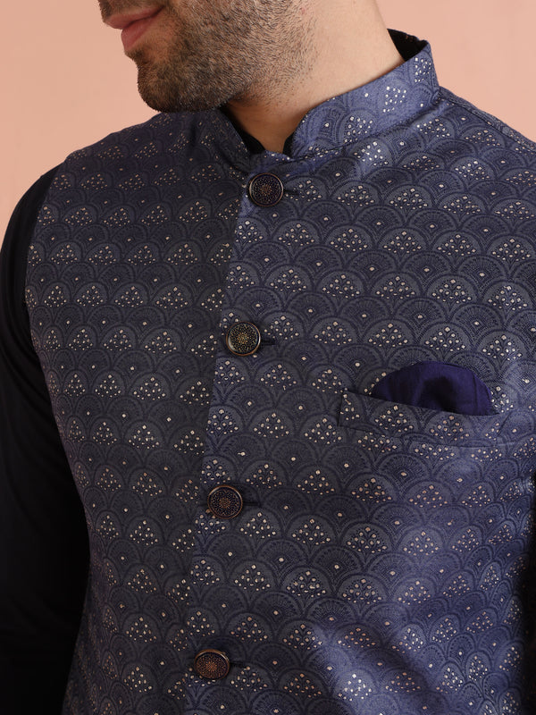 Blue Textured Nehru Jacket Kurta Trouser Set