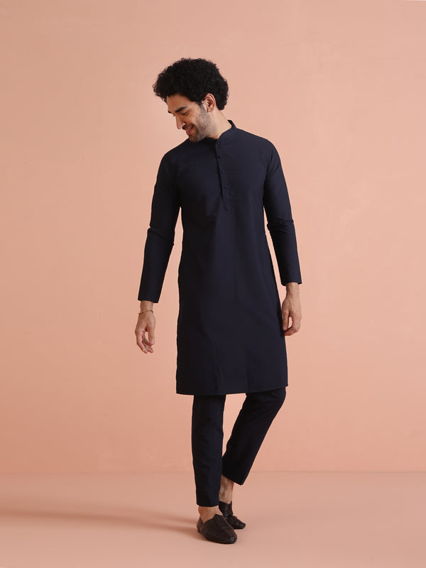 Blue Textured Nehru Jacket Kurta Trouser Set