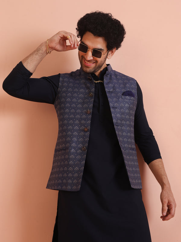 Blue Textured Nehru Jacket Kurta Trouser Set