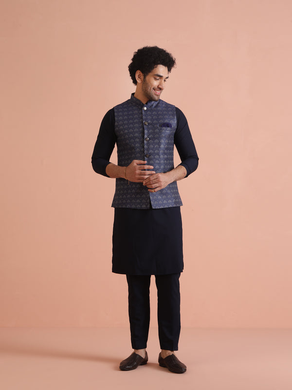 Blue Textured Nehru Jacket Kurta Trouser Set