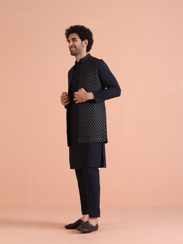 Navy Blue Silk Blend Woven Nehru Jacket Set