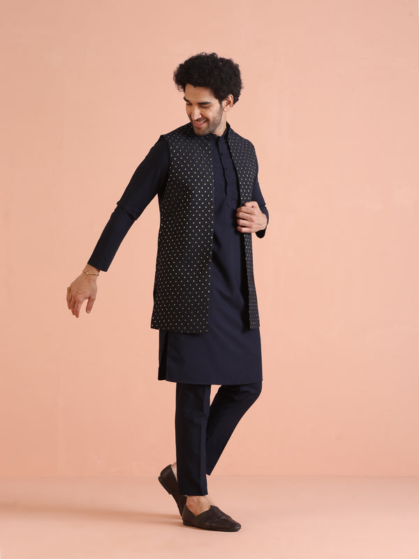 Navy Blue Silk Blend Woven Nehru Jacket Set