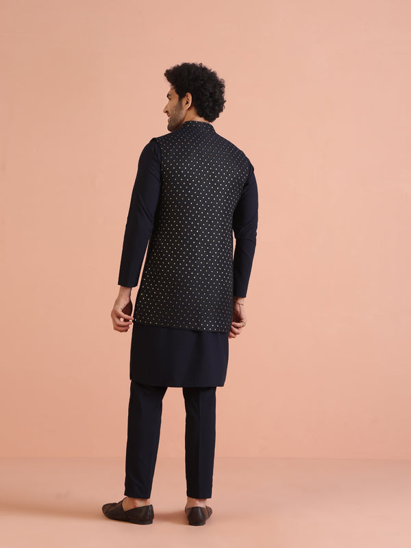 Navy Blue Silk Blend Woven Nehru Jacket Set