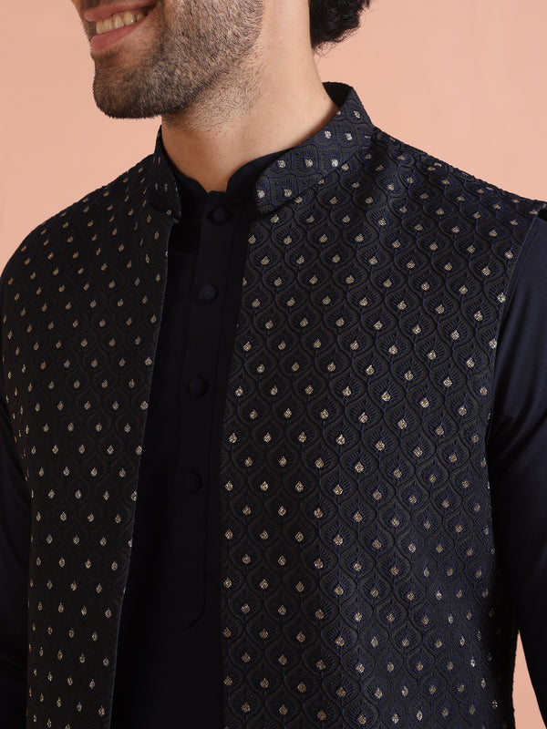 Navy Blue Silk Blend Woven Nehru Jacket Set