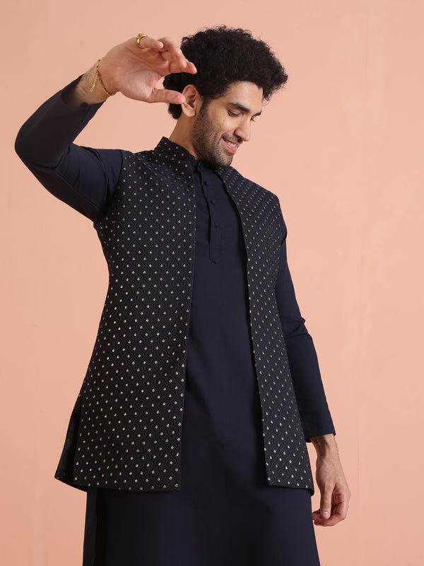 Navy Blue Silk Blend Woven Nehru Jacket Set