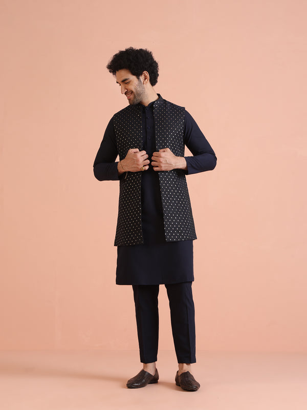 Navy Blue Silk Blend Woven Nehru Jacket Set
