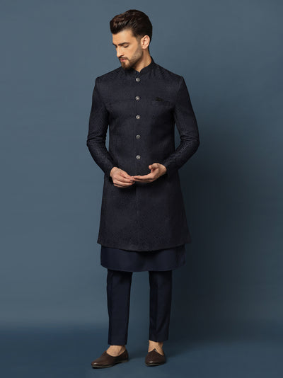 Navy Blue Woven Sherwani Trouser Set