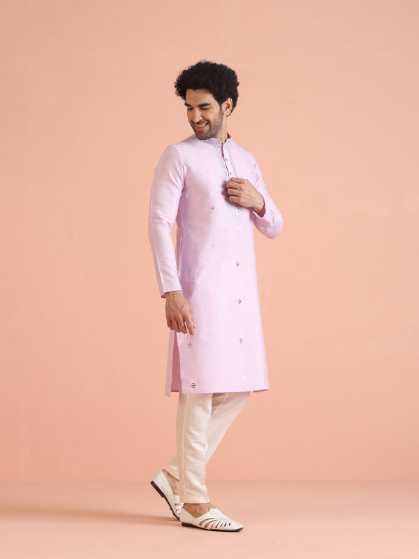 Light Pink Silk Blend Kurta with Embroidered Neckline and Cream Trousers