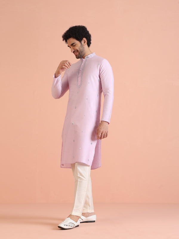Light Pink Silk Blend Kurta with Embroidered Neckline and Cream Trousers
