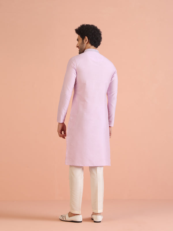 Light Pink Silk Blend Kurta with Embroidered Neckline and Cream Trousers