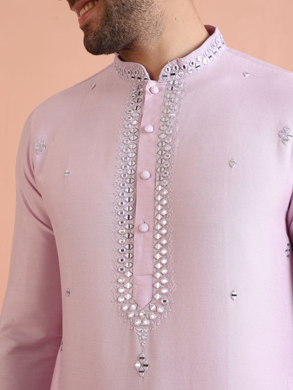 Light Pink Silk Blend Kurta with Embroidered Neckline and Cream Trousers