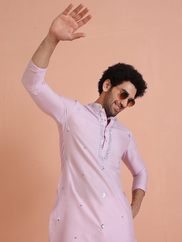Light Pink Silk Blend Kurta with Embroidered Neckline and Cream Trousers