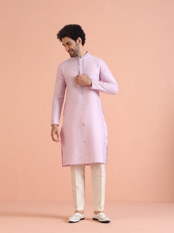 Light Pink Silk Blend Kurta with Embroidered Neckline and Cream Trousers