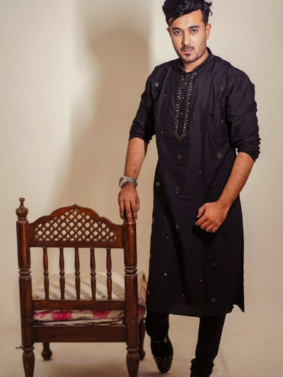 Men Black Mirror Work Elegant Festive Kurta Churidar Set