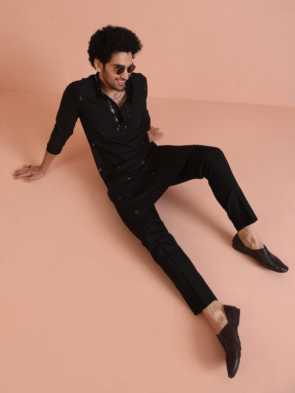 Black Cotton Mirror Work Kurta Trouser Set