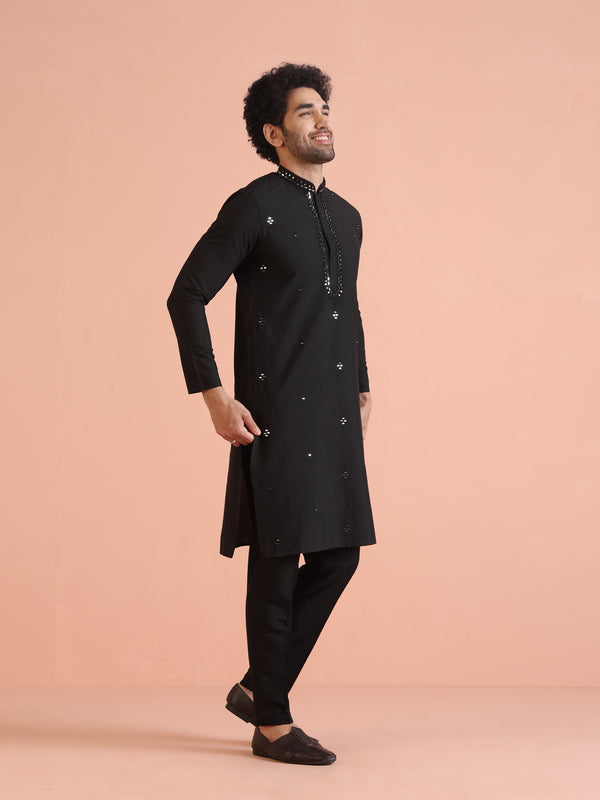 Black Cotton Mirror Work Kurta Trouser Set