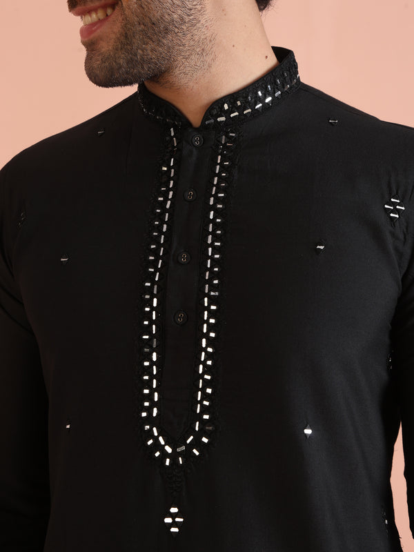 Black Cotton Mirror Work Kurta Trouser Set