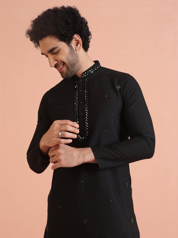 Black Cotton Mirror Work Kurta Trouser Set