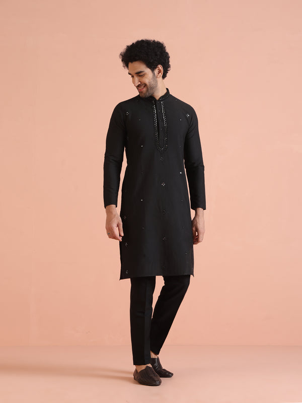 Black Cotton Mirror Work Kurta Trouser Set