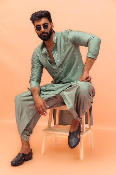 Sage Green Mirror Work Kurta with Dhoti