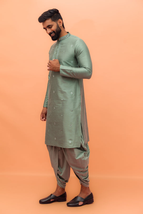 Sage Green Mirror Work Kurta with Dhoti