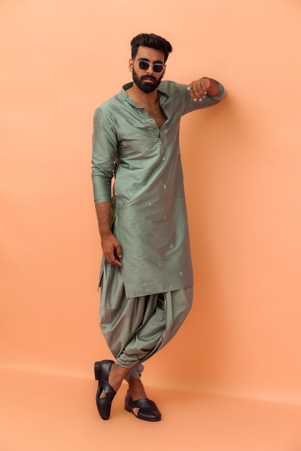 Sage Green Mirror Work Kurta with Dhoti