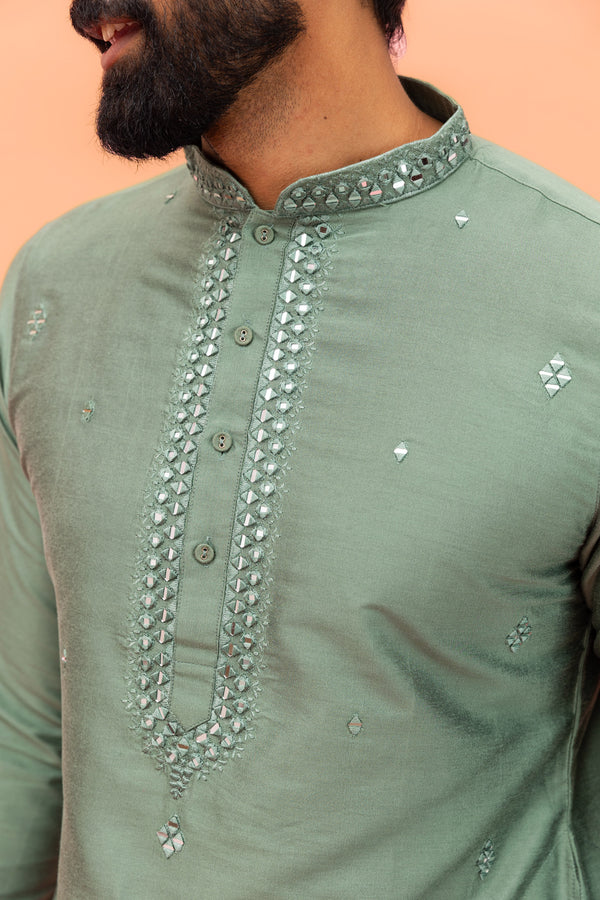Sage Green Mirror Work Kurta with Dhoti