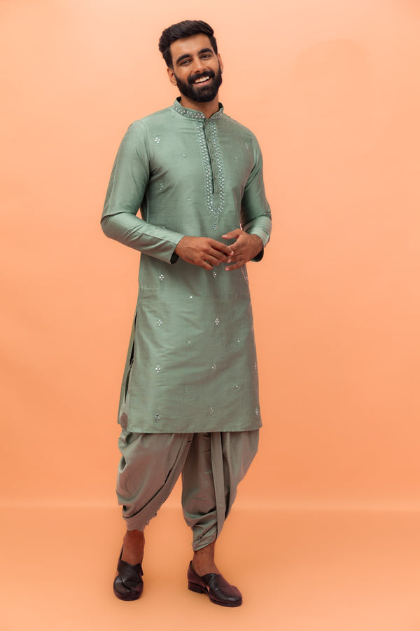Sage Green Mirror Work Kurta with Dhoti