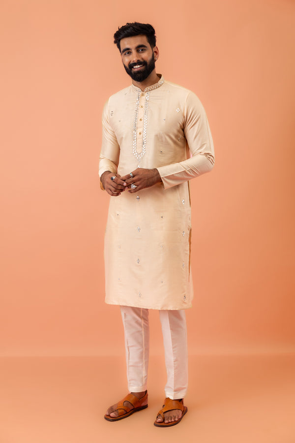 Beige Silk Blend Mirror Work Kurta Trouser