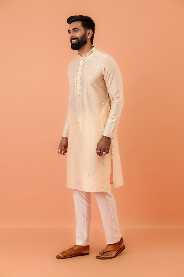 Beige Silk Blend Mirror Work Kurta Trouser