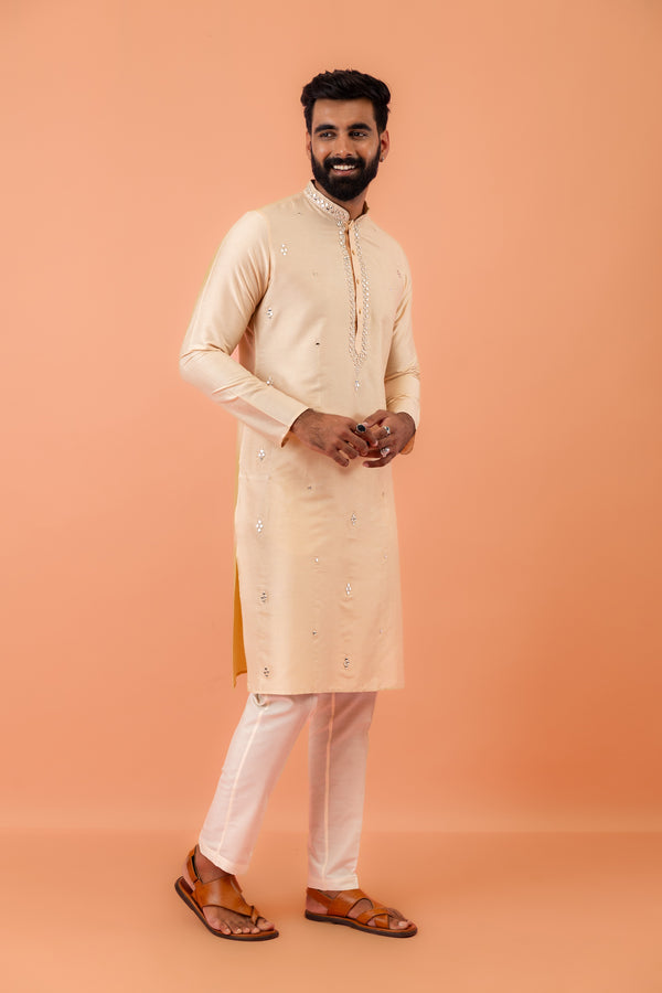 Beige Silk Blend Mirror Work Kurta Trouser