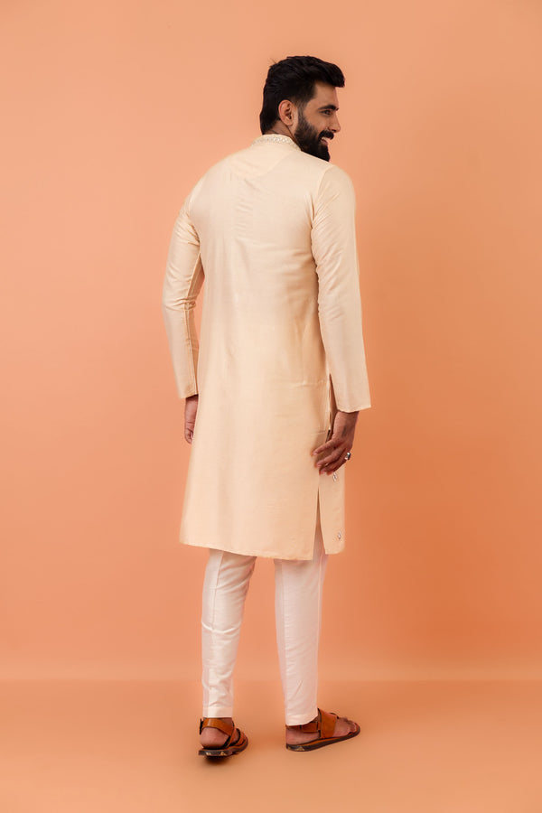Beige Silk Blend Mirror Work Kurta Trouser